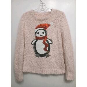 Vintage Penguin Sequins Christmas Sweater Women Size XS Pink Long Sleeve Fuzzy